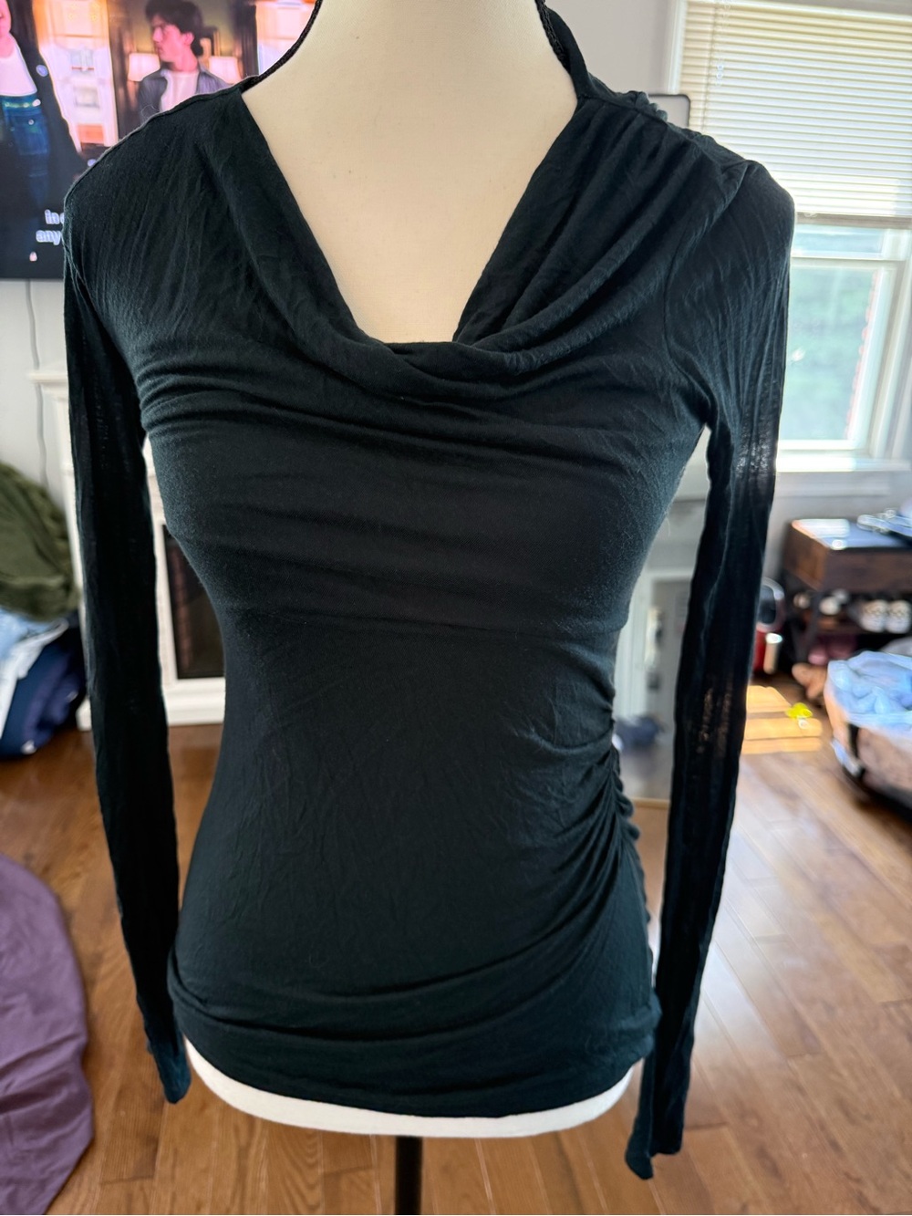 Helmut Lang Double Lined Black Long-Sleeve Draped Neck Top One Side Ruched
